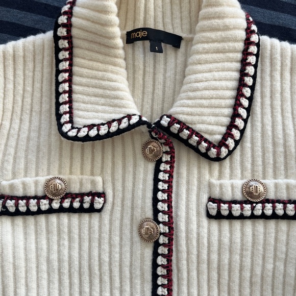 Maje Cream Ribbed Knit Blazer with Black and Burgundy Trim - Picture 4 of 5